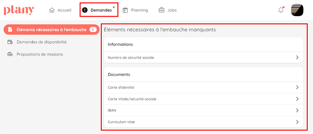 où consulter qu'il manque des documents administratifs dans l'interface candidat Plany